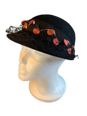 Merrimac Ladies Black Wool Hat with Bead Accents Ribbon Band Vintage